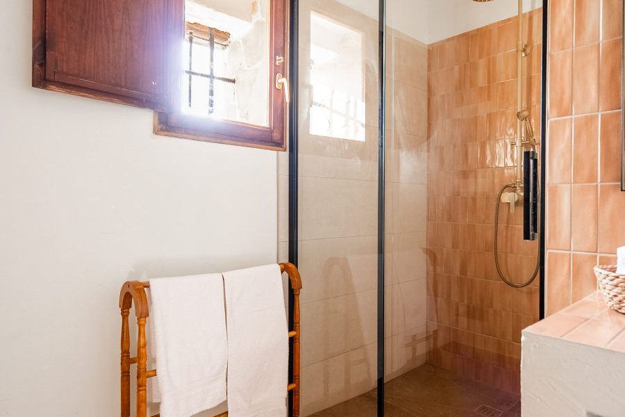 Baño con ducha de cristal y toallero de madera