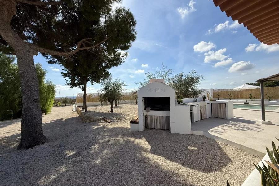 Barbacoa de obra bajo el árbol, en la zona exterior