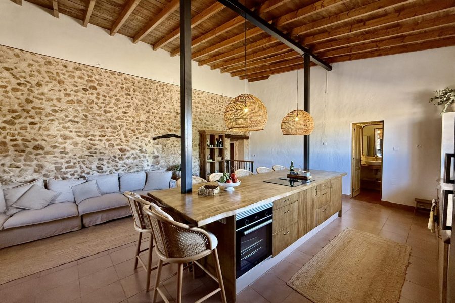 Salón cocina abierto con isla, sofá y techo de vigas de madera