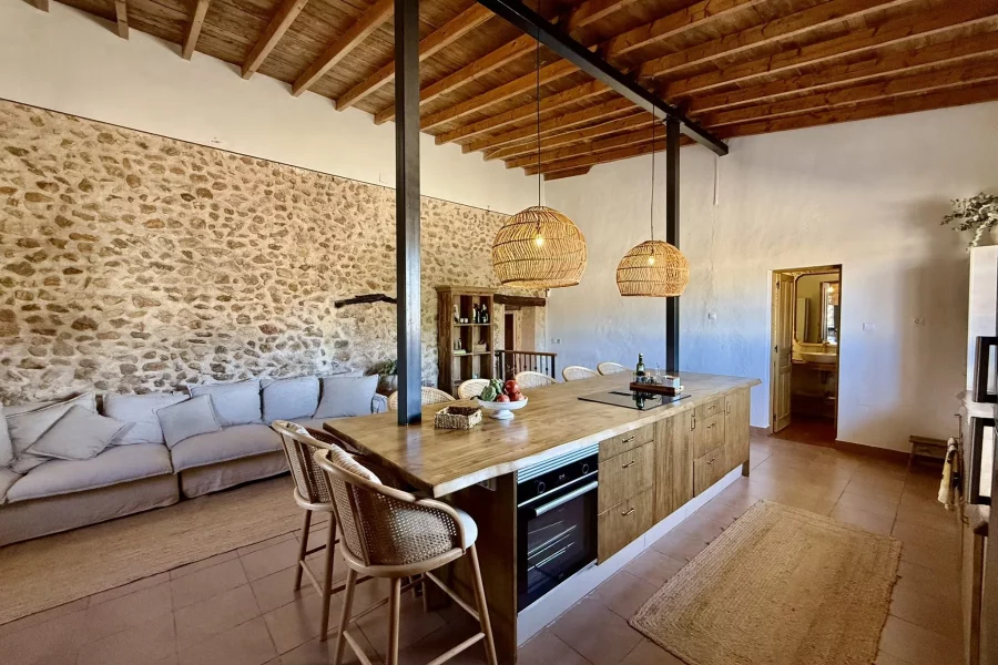 Salón cocina abierto con isla, sofá y techo de vigas de madera